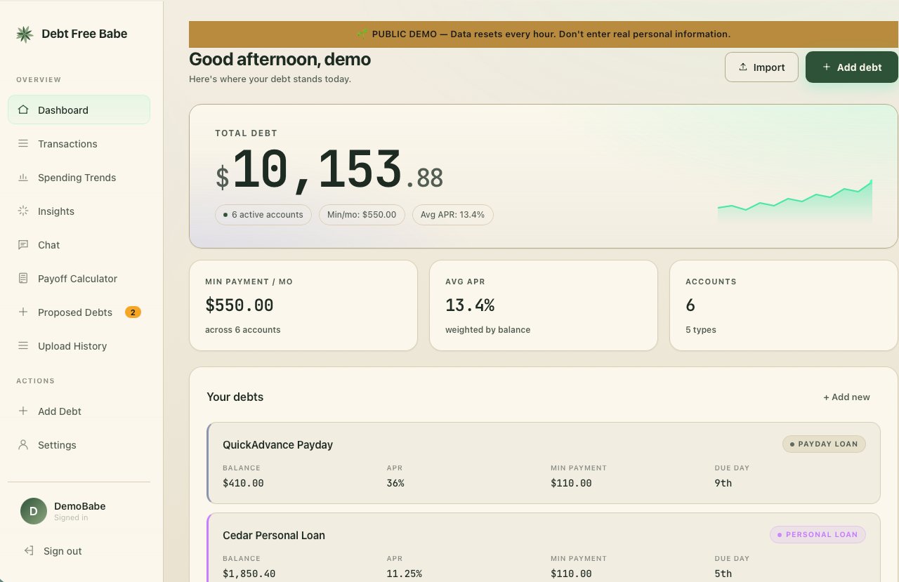Debt Free Babe app dashboard showing total debt overview, payoff calculator, and spending trends.