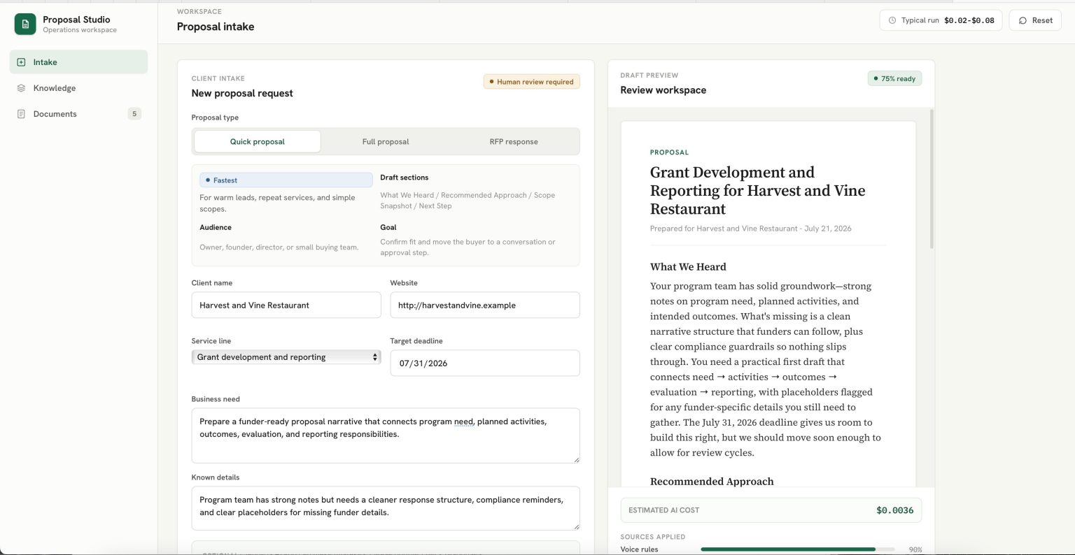 Proposal Studio demo showing an intake form and the generated client-ready proposal draft alongside it.