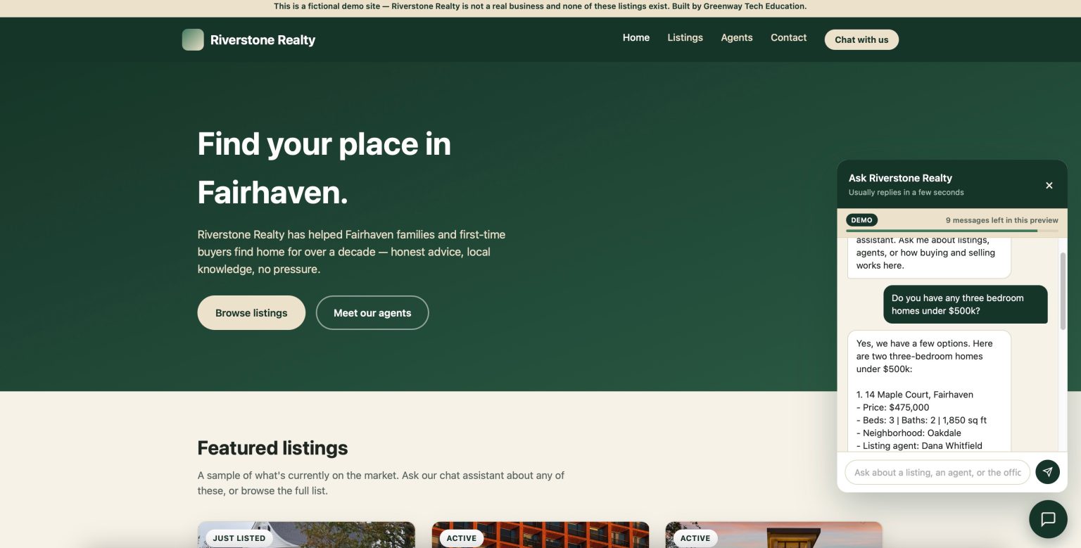Riverstone Realty site with the chat widget open, answering a question about three-bedroom listings under $500,000.